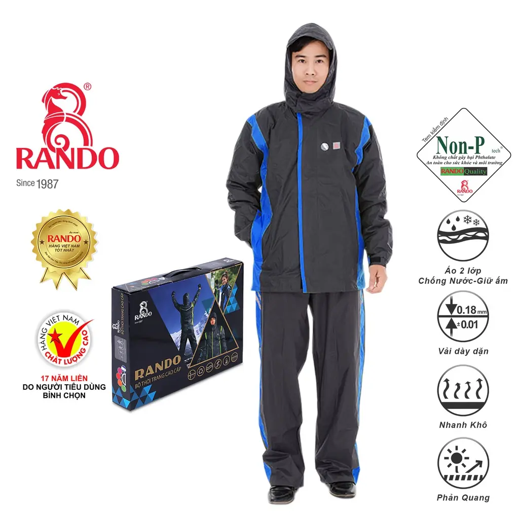 BỘ QUẦN ÁO ĐI MƯA 2 LỚP GIỮ ẤM, RANDO Chính Hãng, Vải Dù Cao Cấp Không Thấm Nước, Phản Quang An Toàn Cao Su Đồng