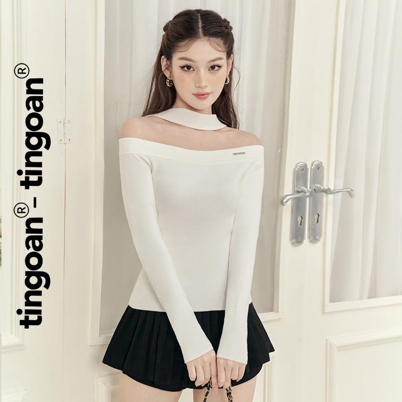 TINGOAN - Áo trễ vai len trắng đính logo TINGOAN dây trắng CHOKER TOP WH -- WH