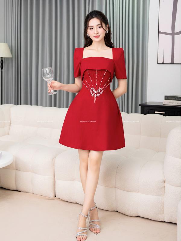The Shilla - M58B90.69D9 - Đầm thiết kế cao cấp cổ vuông đính kết tôn dáng - Hình chụp thật 100% 3