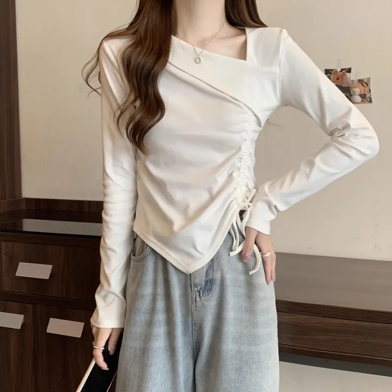 Áo Thun Dài Tay Thiết Kế Mùa Xuân Ngoại Cỡ Phong Cách Sang Trọng Bất Đối Xứng Dành Cho Nữ, Với Lớp Nền Dây Rút, Thích Hợp Cho Cô Gái Đầy Đặn, Áo Dễ Phối Đồ 4