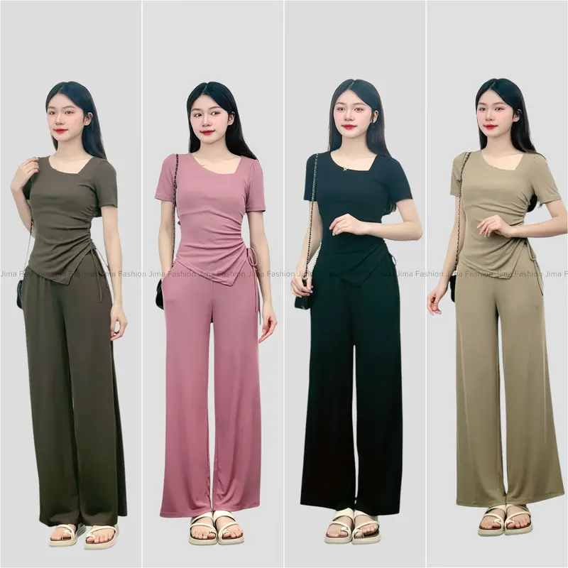 [Set Cổ Lệch Cộc Tay 02] Bộ Set Cổ Lệch Nhún Eo Ngắn Tay Kèm Quần Suông Chất Thun Tăm cho Nữ Jima 121 Women - Áo, Top 0