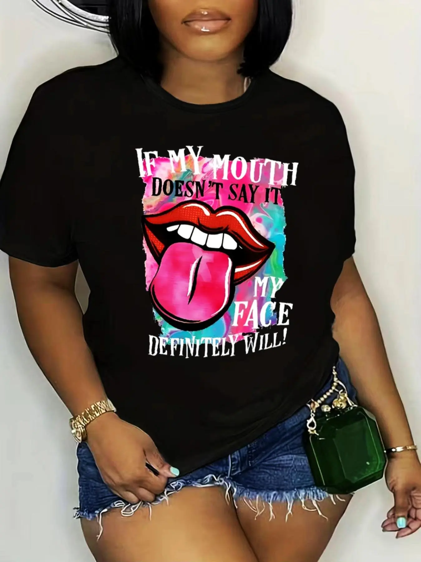 Plus Size Letter Print Round Neck Tee, Fashion Casual Crew Neck Short Sleeve T-Shirt for Daily Outdoor Wear, Women Plus Clothing for Spring Fall