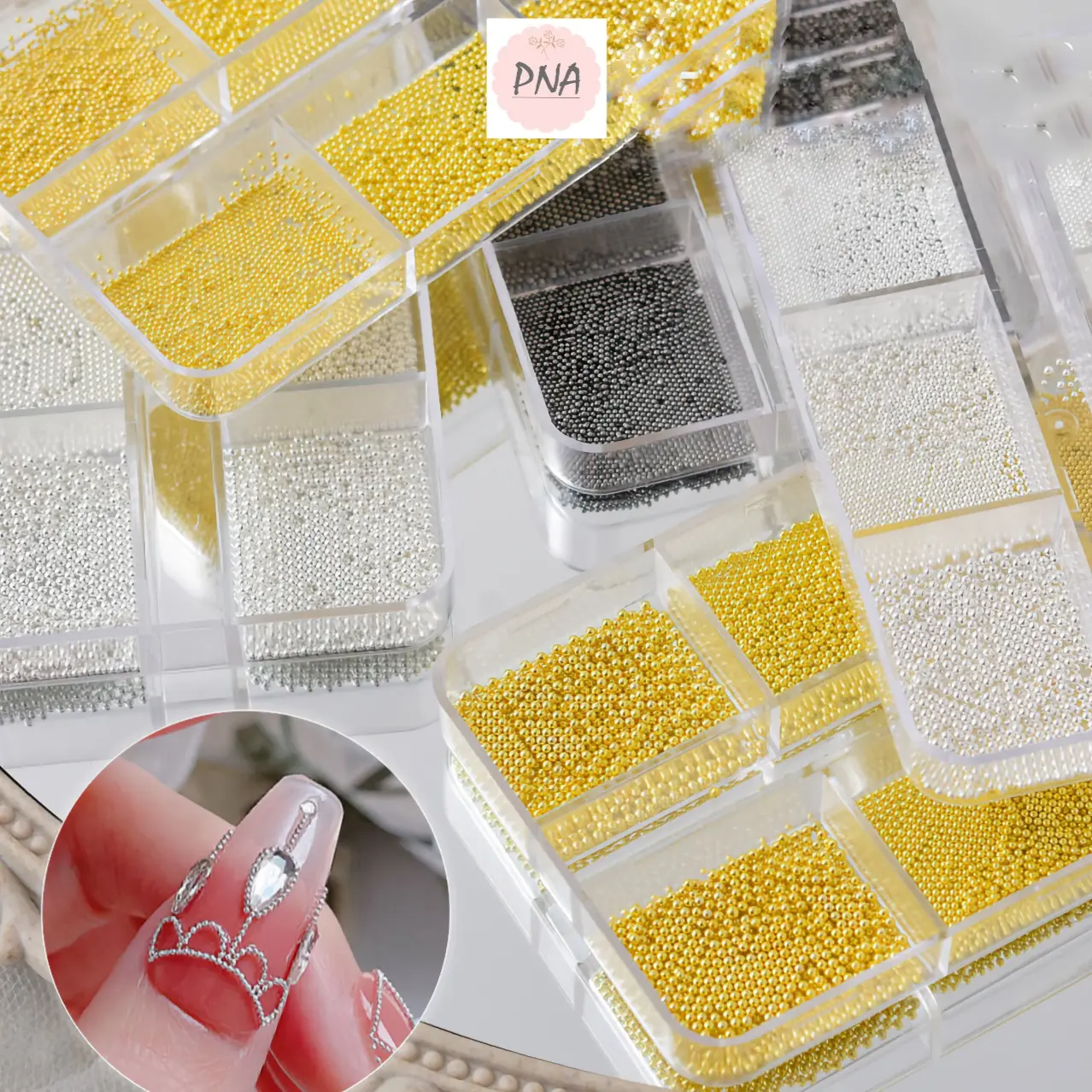 Khay Charm Bi Mix Size 6 ô - Charm Bi Vàng Trang Trí Nail Kích Thước 7.5x5cm