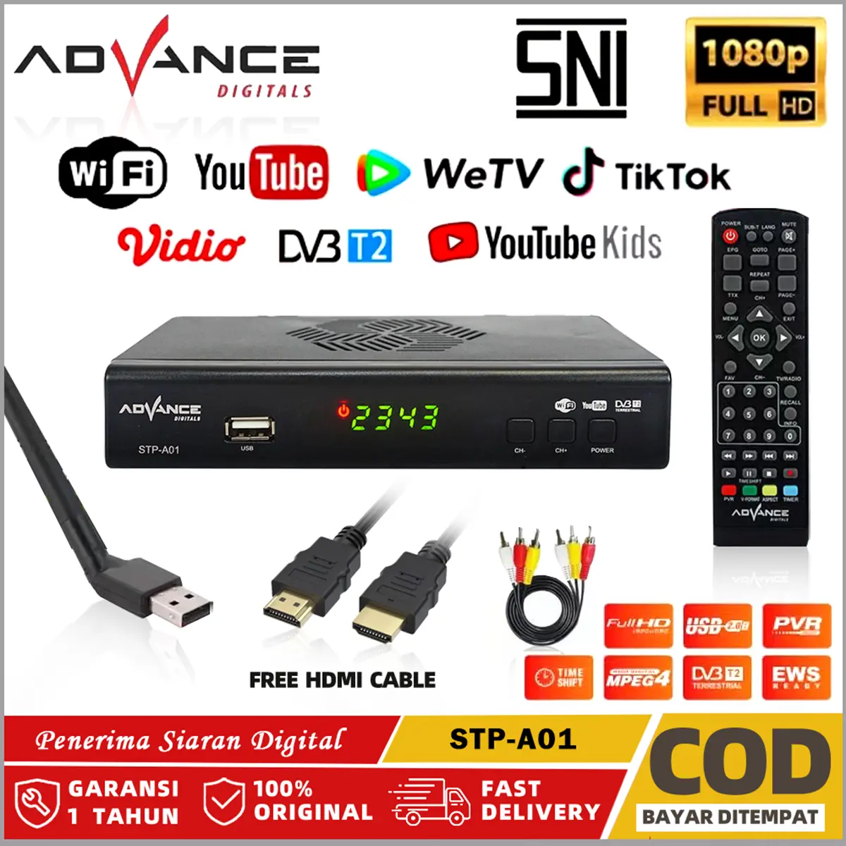 【Garansi 1 tahun】Advance STP-A01 Seg Top Box STB Digital DVB Full HD Receiver TV DIGITAL Set Top Box DVB T2 Manufacturer Warrenty antena