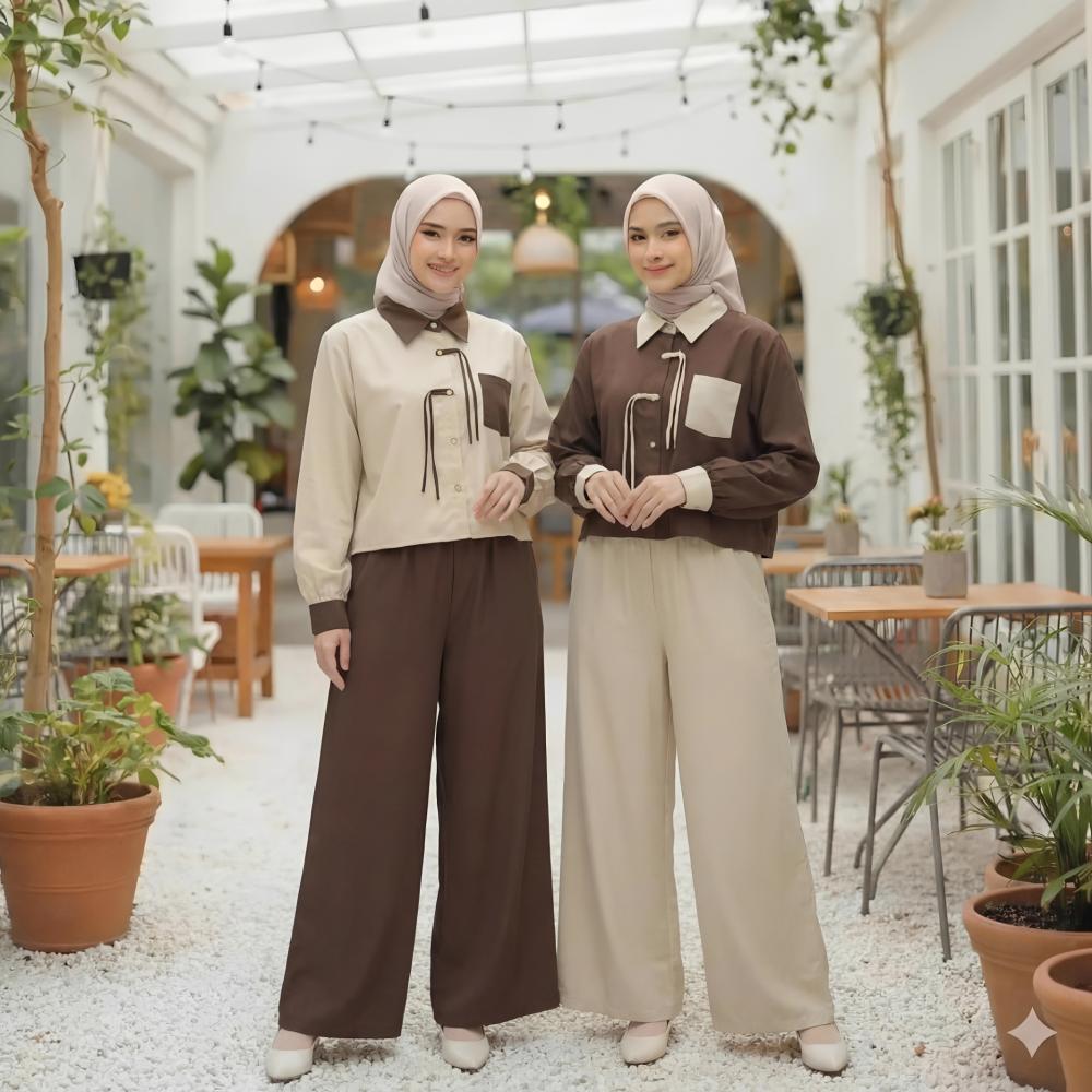 PO40 Asaya Set dua potong atasan + celana longgar warna-warni yang modis dan sederhana