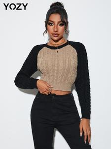YOZY Women's Colorblock Raglan Sleeve Crop Sweater, Fashion Casual Long Sleeve Round Neck Jumper for Daily Outdoor Wear, Women's Knitwear for Spring & Fall