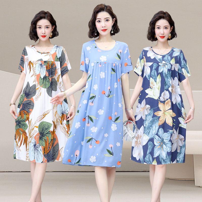 Product Introduction of Cotton silk nightdress women's summer 2024 new pajamas medium and long short-sleeved dress loungewear mother loose 23