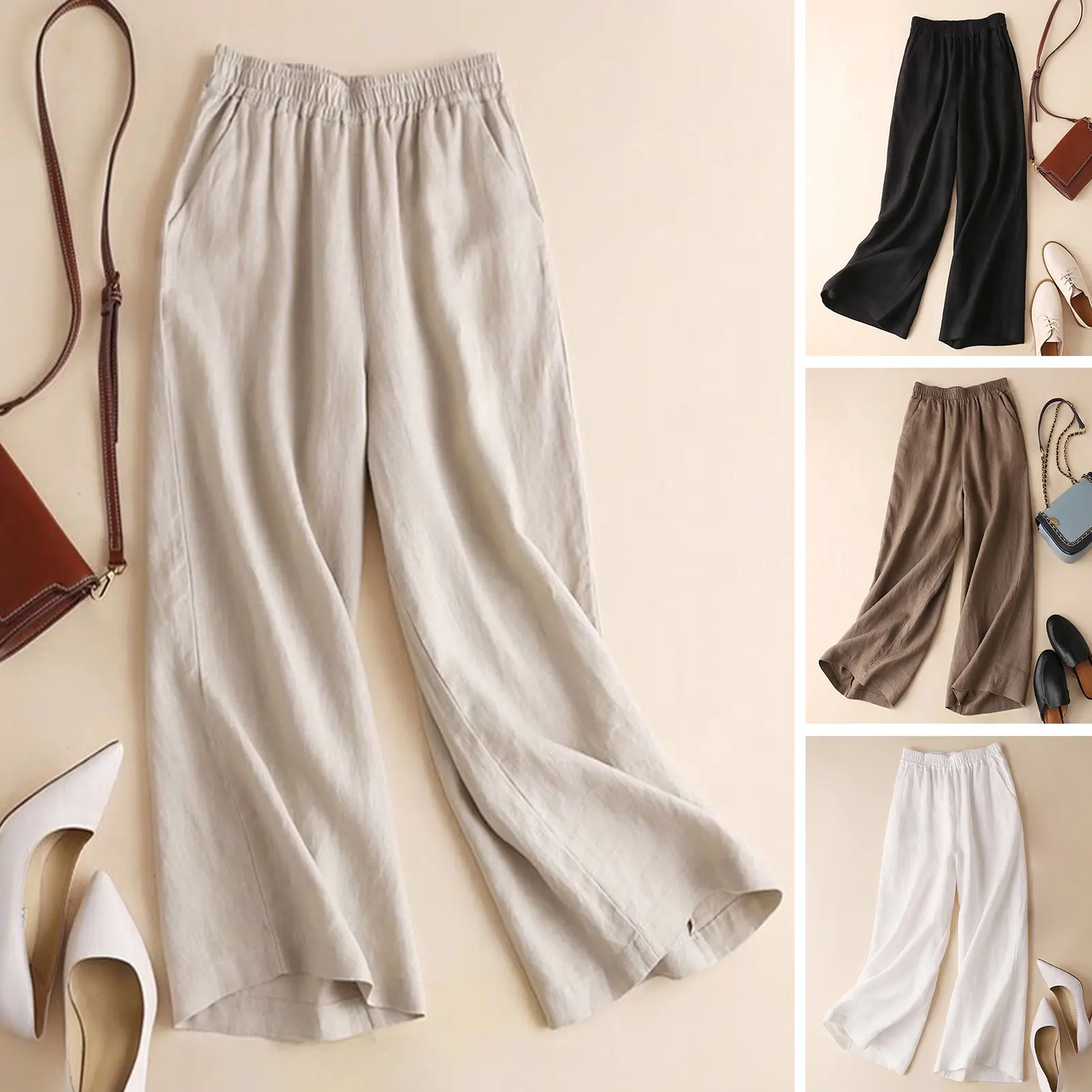 High-Waist Elastic Waistband Slant Pockets Woman Pants Simple Casual Straight Wide Leg Pants Female Clothing