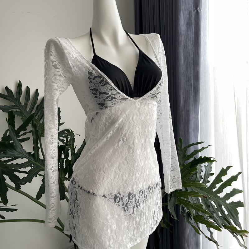 TINA-Bikini Váy Lướt Ren Mặc Ngoài Bikini Họa Tiết Hoa Đi Biển Dễ Phối Thời Trang (Chỉ Áo Ngoài) Nữ Nhung Women