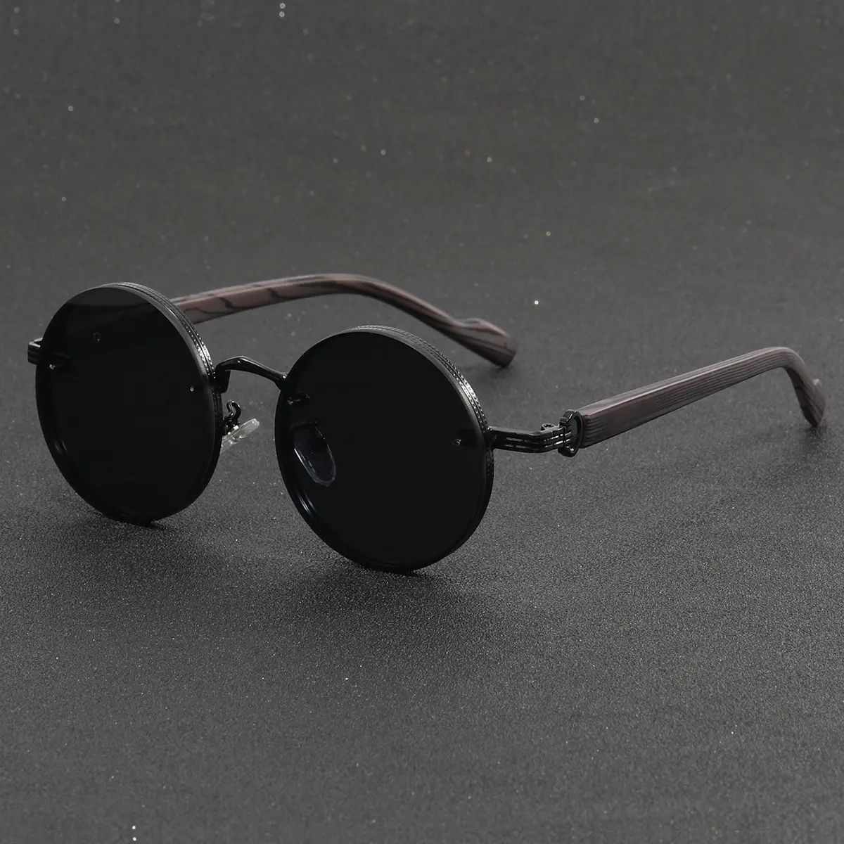 Cermin Mata Hitam Logam Punk Bulat, Gaya Vintaj, dengan Kuil Bijian Kayu, Sesuai untuk Lelaki dan Wanita, Ketibaan Baru Eyewear Sunglasses