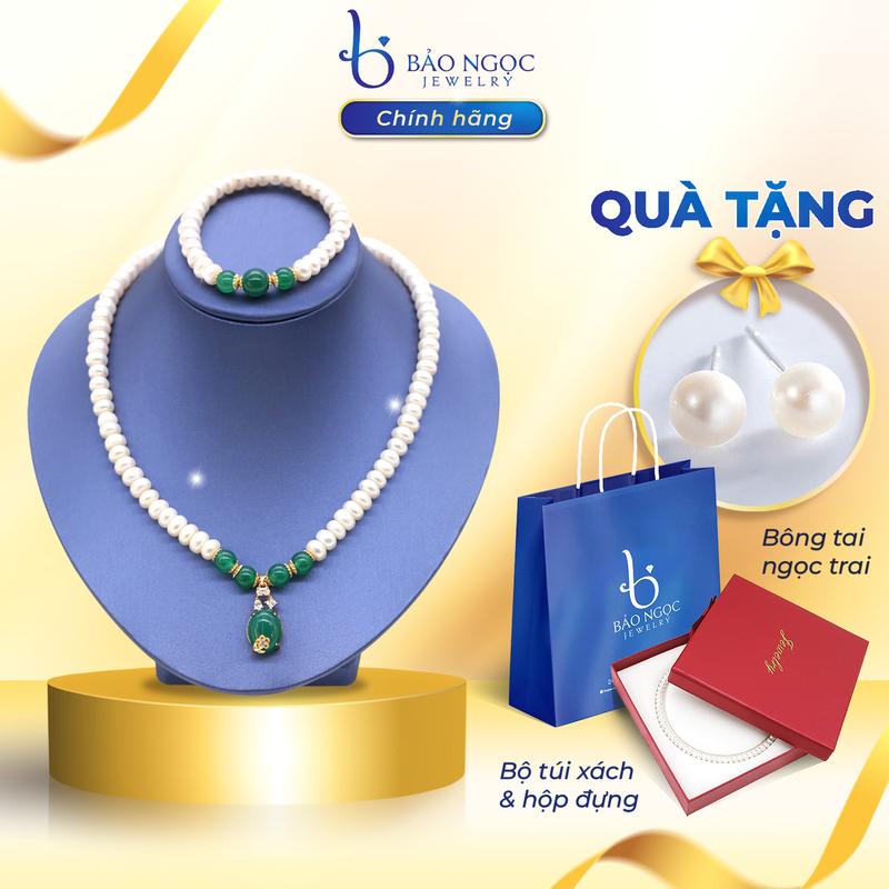 Vòng Cổ Ngọc Trai Nước Ngọt Tự Nhiên Tặng Mẹ Tặng Bà Kết Hợp Đá Mã Não Xanh Sang Trọng BNJ-1308 Bảo Ngọc Jewelry