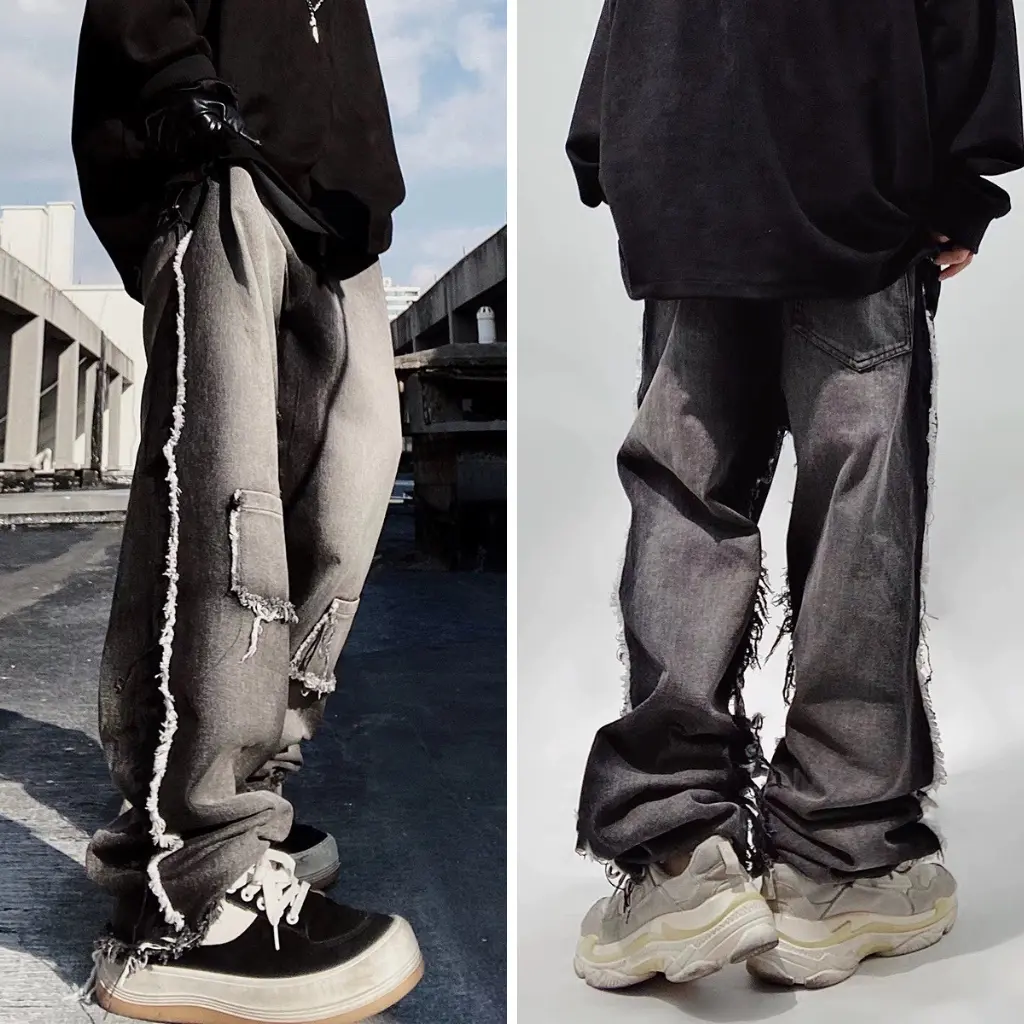Quần jeans ống rộng nam nữ wash retro xám trắng tua gấu túi điểm nhấn XESINU Menswear Pants