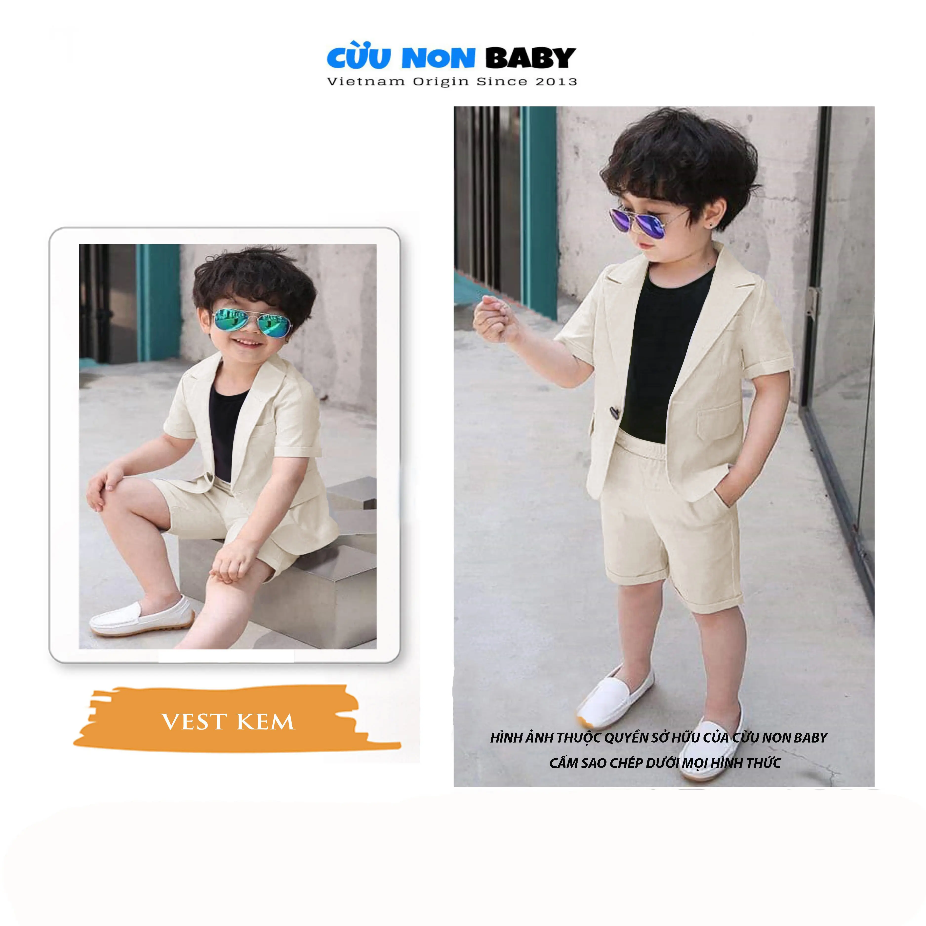 Vest Bé Trai, Vest Trẻ Em, Vest Ba Mảnh, Vest Cưới Phong Cách Châu Âu - Màu Kem