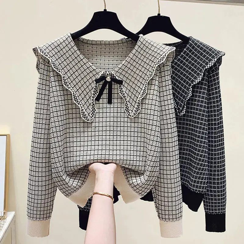 Plaid Vintage Acrylic Knitted Peter pan Collar Pullover Women's Sweater Long Sleeve Female Sweaters Tops Woman Clothing Fashion Knitwear Womenswear