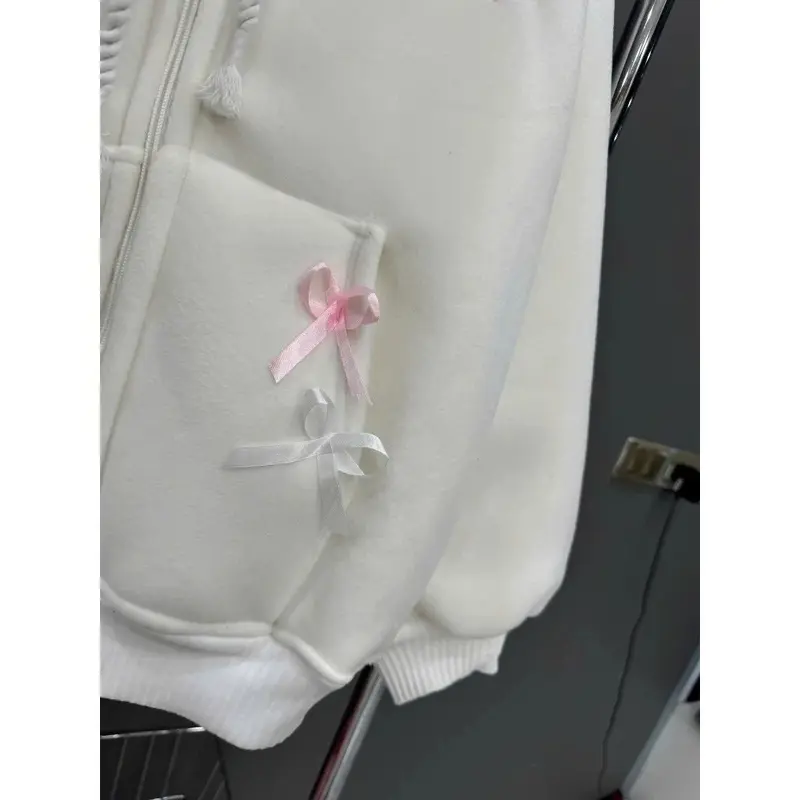 Áo khoác nỉ  hoodie zip nữ hoạ tiết  cún nổi bật mũ phối tai   kem nơ cực xinh Top Womentop 2025 7