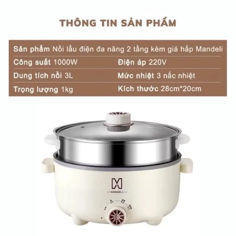 Nồi Lẩu Điện Đa Năng Kèm Giá Hấp 28 cm Công Suất 1000W, Chống Dính Vân Đá Cao Cấp - Bếp Lẩu Gia Đình Kèm Giá Hấp 3