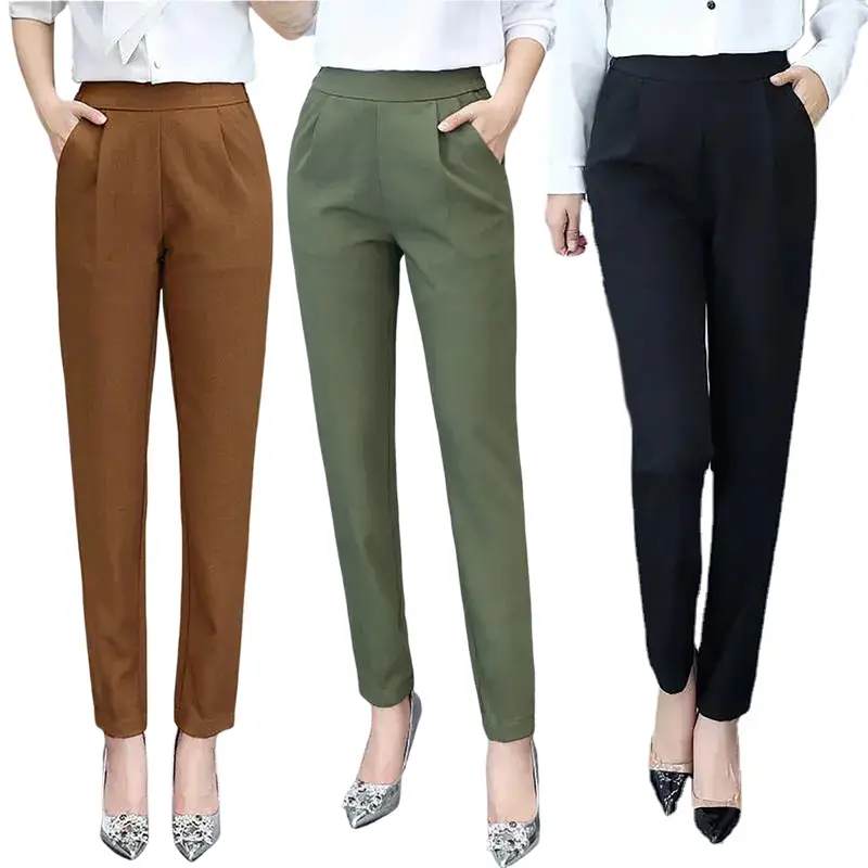 Bqudyzy-Quần Nữ Cạp Cao, Linh Hoạt, Thanh Lịch, Đi Làm, Mỏng, Mặc Hàng Ngày, Polyester, Màu Trơn, Bộ Đồ Du Lịch 8