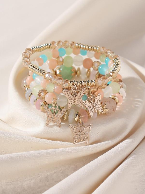 Boho Butterfly Decorative Beaded Stretch Bracelets, Holiday Style Colorblock Beaded Bracelet Set, Trendy Versatile Jewelry for Women and Girls, Holiday Gift 4