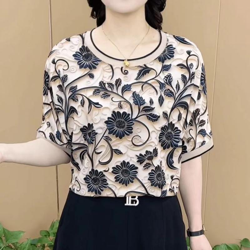 Product Introduction of Áo Phông Ngắn Tay Áo, Phụ Nữ Trung Niên Phong Cách Phương Tây, Trông Trẻ Trung, Mỏng, Thích Hợp Cho Phụ Nữ Trung Niên, Áo Thường Ngày Mùa Hè, 2024, Áo Sơ Mi Lớp Nền Top Cổ Tròn Women Shirt 2