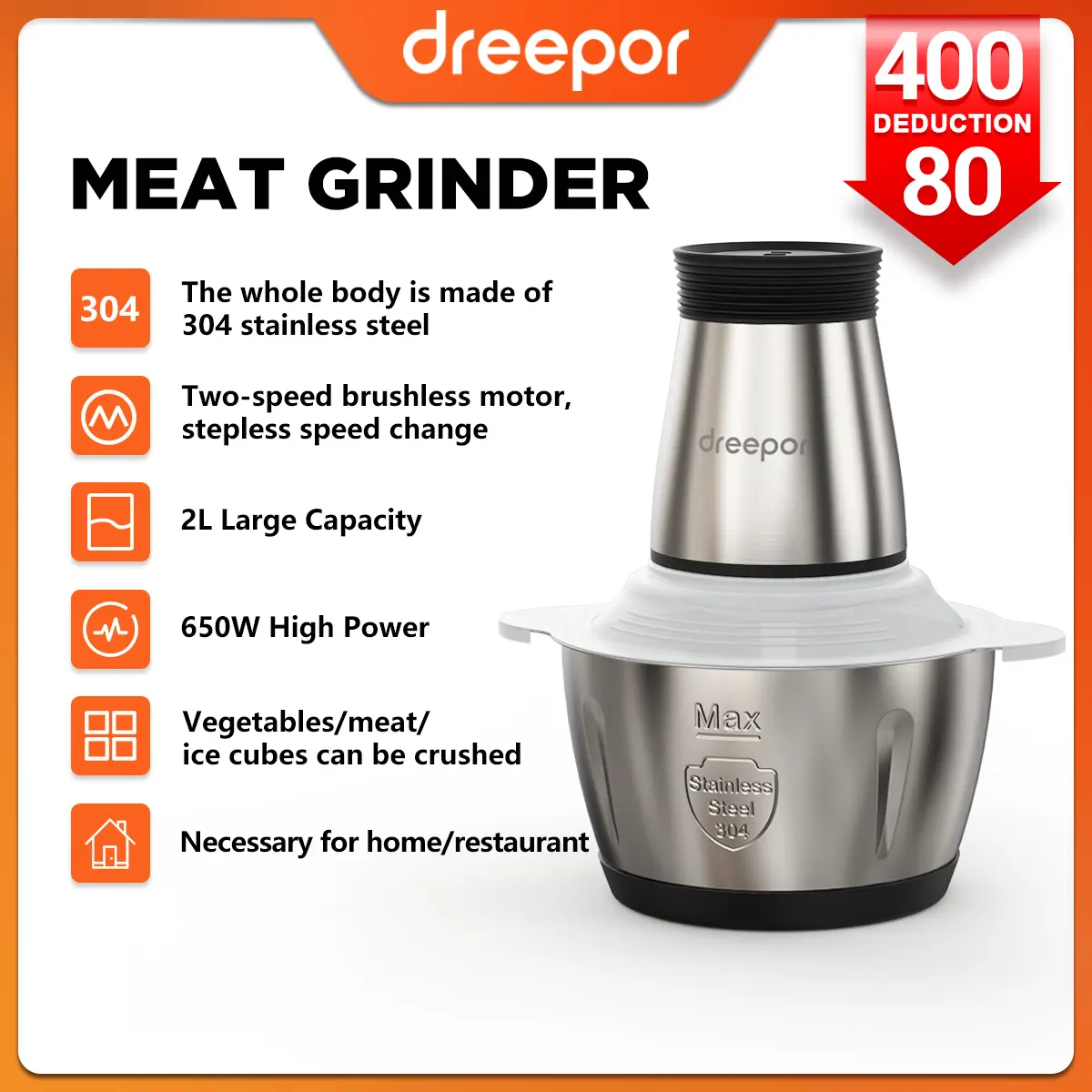 Dreepor Meat Grinder 2L/3L/5L Multifunctional Electric Meat Chopper Vegetable Grinder Mincer Food Processor and Grinder Slicer Stainless Steel High Power 2 Speeds or 3 Speeds