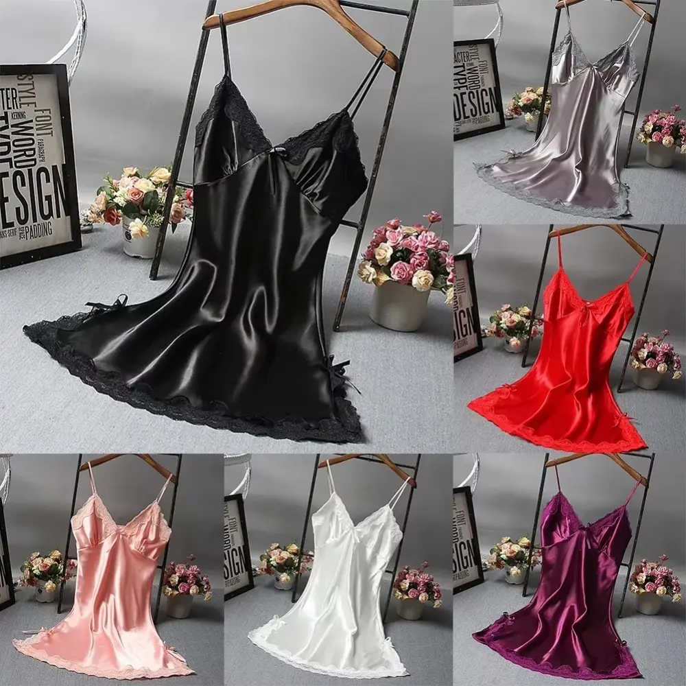Gaun Dalam, Leher V Renda, Gaun Malam Wanita, Pakaian Tidur Satin, Bertali, Tanpa Lengan, Gaun Tidur, Jubah Mandi, Baju Tidur