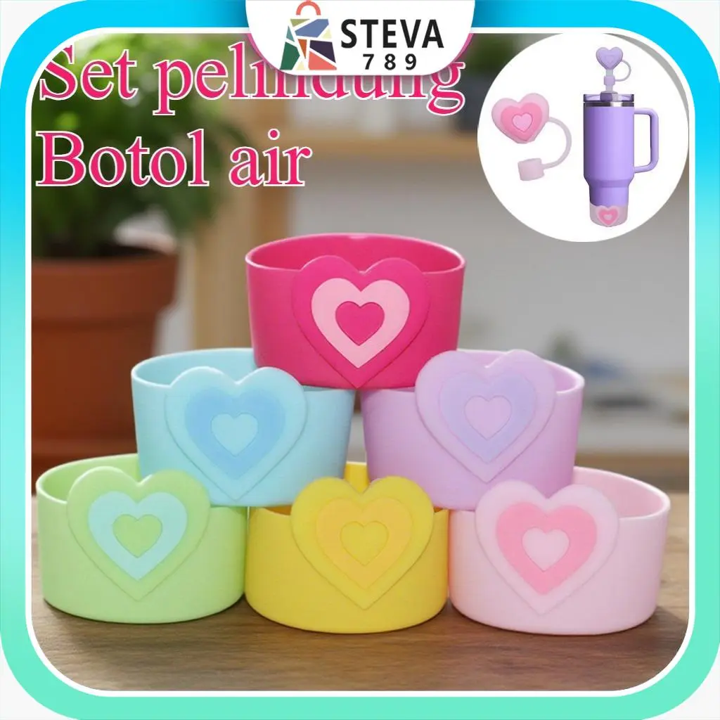 COD-Cup Mat Coaster + Penutup Sedotan - Diameter 7,5cm (Motif Hati) Pelindung Bawah Gelas/Kotak Silikon dalam Berbagai Warna