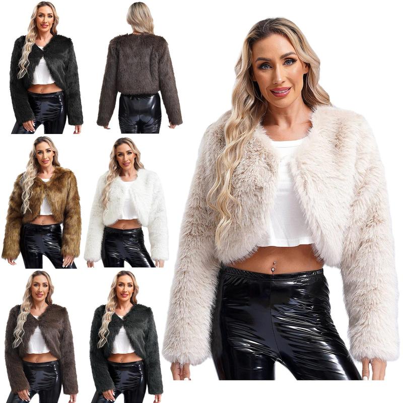 inhzoy Islamic Womens Cropped Faux Fur Jacket Open Front Furry Short Coat Long Sleeve Winter Cardigan Outerwear 0