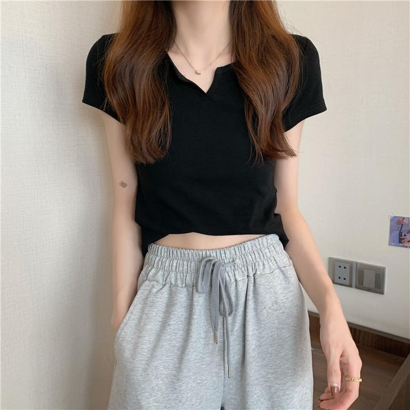 Product Introduction of Summer slim fit crop top spicy girl outfit T-shirt short sleeved plain color, comfortable and breathable, paired with jeans 30