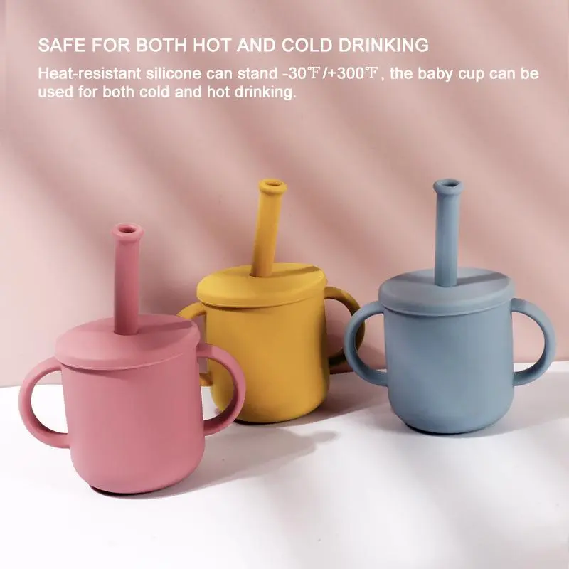Silicone Baby Water Cup, 1 Count Baby Learning Training Drinking Cup with Straw Lid, Baby Utensils for Home and Outdoor 3
