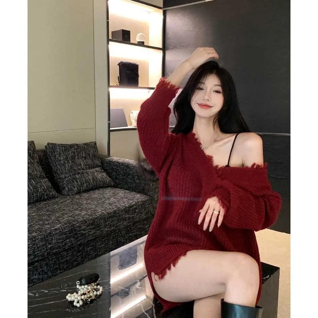 Áo Len Đỏ, Quần Áo Nữ, Trang Phục Mùa Thu Và Mùa Đông, Thiết Kế Bất Đối Xứng Kiểu Tua Rua Độc Đáo Dài Trung Bình Dáng Rộng Vừa Vặn, Áo Len Dài Tay