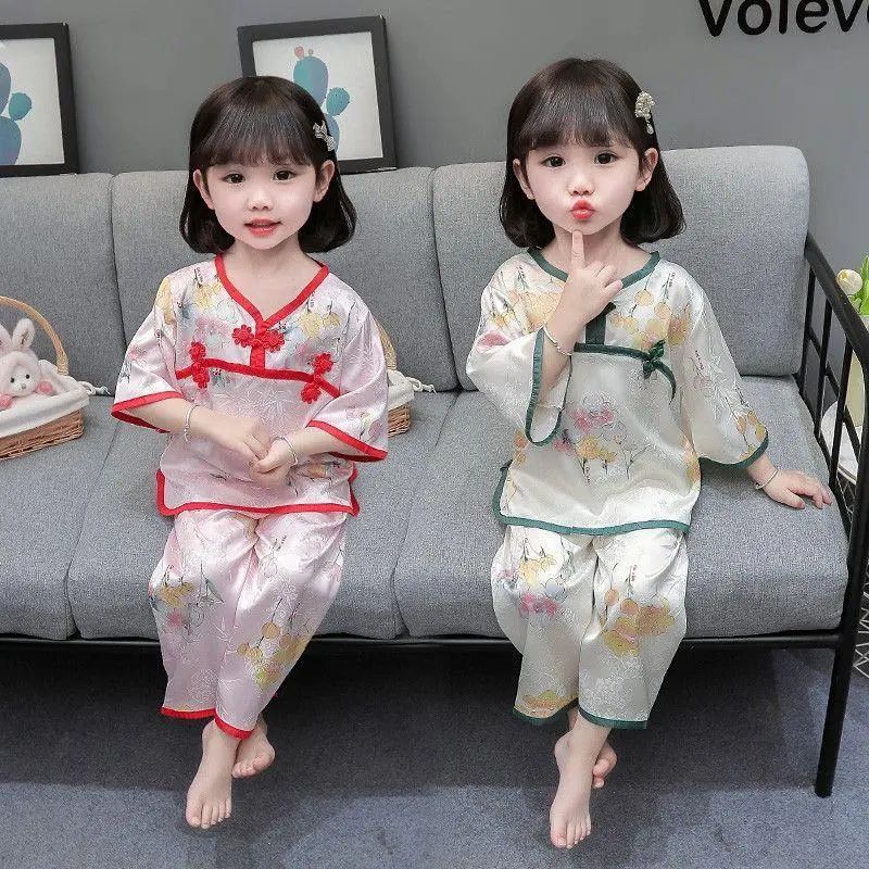 Bộ Đồ Ngủ Cổ Cho Trẻ Em, Hàng Mới Về, Bộ Quần Áo Mặc Nhà Cho Bé Gái, Chất Liệu Lụa Lạnh Mỏng Mùa Xuân Và Mùa Hè, Thiết Kế Dễ Thương Cho Bé, Thích Hợp Cho Quần Áo Điều Hòa Không Khí, Hợp Xu hướng