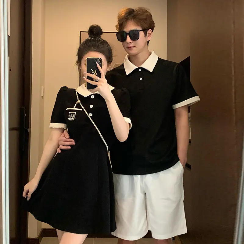 Couple's outfit 2025 short sleeved lapel T-shirt, home women's waist collection, college style dress, one piece, one skirt, oversized size Womenswear Clothing