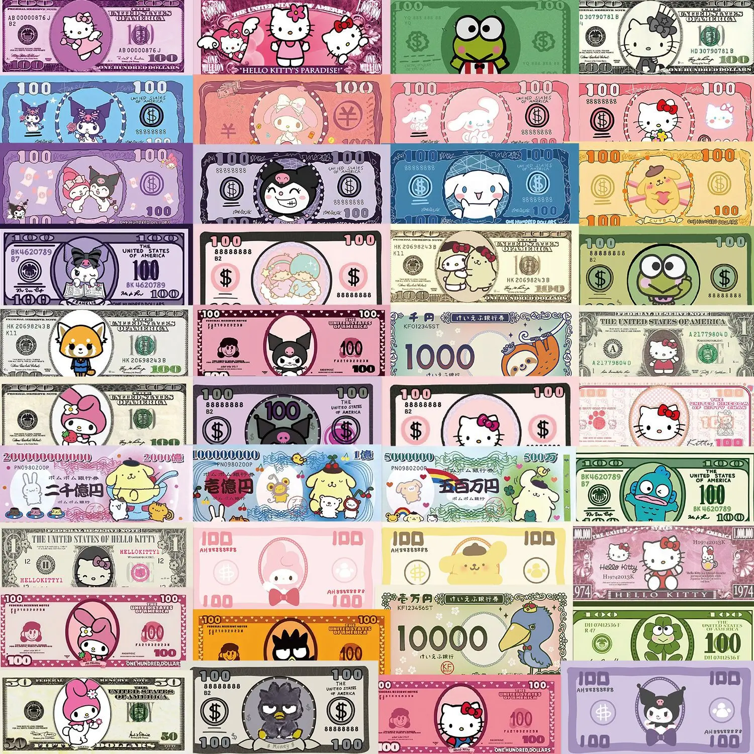 50 Cartoon Sanrio Paper Money Graffiti Stickers DIY Decorative Tablet Luggage Notebook Waterproof DIY