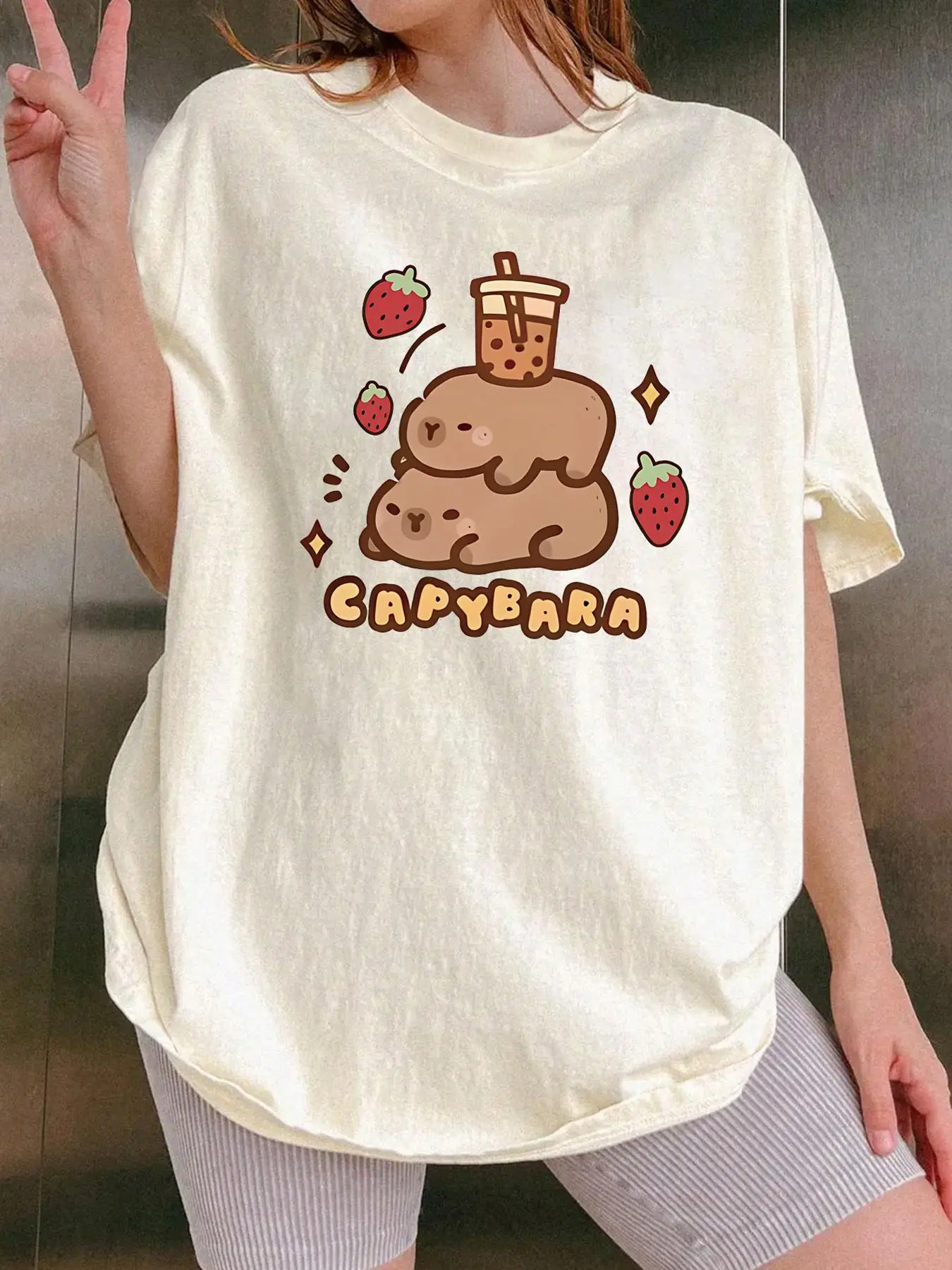 Women's Cartoon Capybara Graphic Print Round Neck Tee, Fashion Casual Short Sleeve T-shirt, Ladies Summer Clothes for Daily Wear, Top