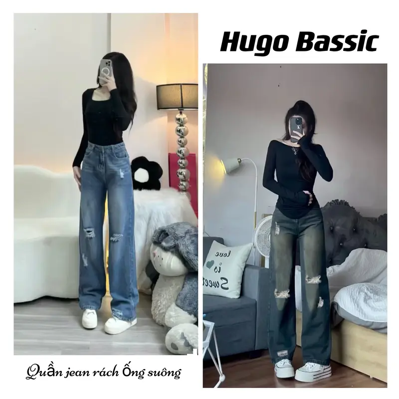 Quần Jean Rách Hugo store , Quần Bò Nữ Ống Suông Màu Xanh Rêu T1 Pants Women Kem quansuong  namlun m5 quần xs 0