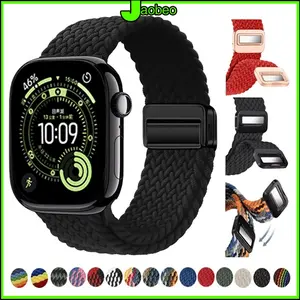 Braided Nylon Strap for Iwatch Apple Watch Ultra 3 2 49mm Series 11 10 9 8 7 6 5 4 3 2 1 SE 3 46mm 45mm 41mm Elastic Braided Adjustable Magnetic Buckle Band Tali Jam Tangan Smartwatch for T800 Ultra I8 Pro Max S8 S9 Ultra 8 MAX 9 PRO S20 T500