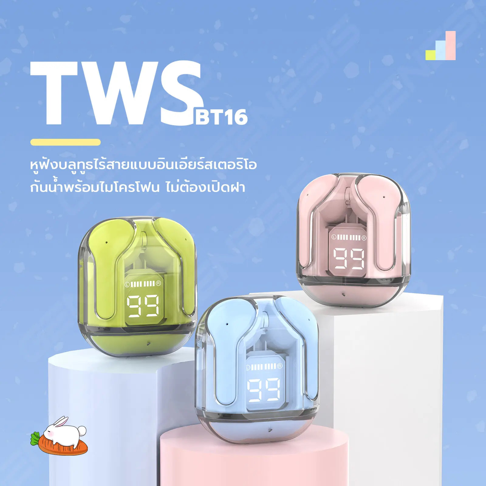 TWS earphone หูฟังบลูทูธไร้สาย Stereo Headset 5.3 หูฟังบลูทูธไร้สาย เชื่อมต่ออัตโนมัติ กล่องชาร์จสีพาสเทลหน้าจอแสดงสถานะแบต รองรับมือถือทุกระบบ Wireless Bluetooth