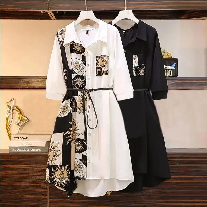 Print Vintage Short Sleeve Polo Neck Sashes Women's Dress Single-Breasted Knee Length Dresses For Women Clothing 2024 Fashion Casual Womenswear