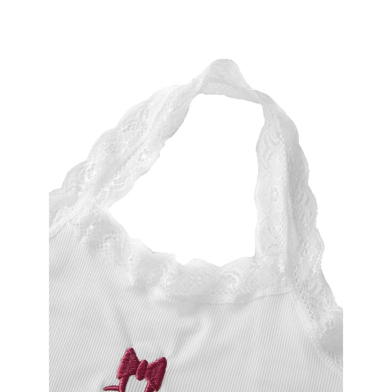 Product Introduction of Women Fashion Tank Tops Lace Trim Bow Embroidery Halter Neck Vests SummerFit Backless Sleeveless Cropped Tops Streetwear 25