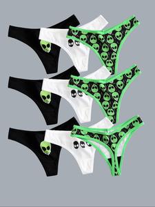 Women's Alien Print Thong, Halloween Soft Comfy Breathable Thong for Daily Wear, Ladies Underwear for All Seasons
