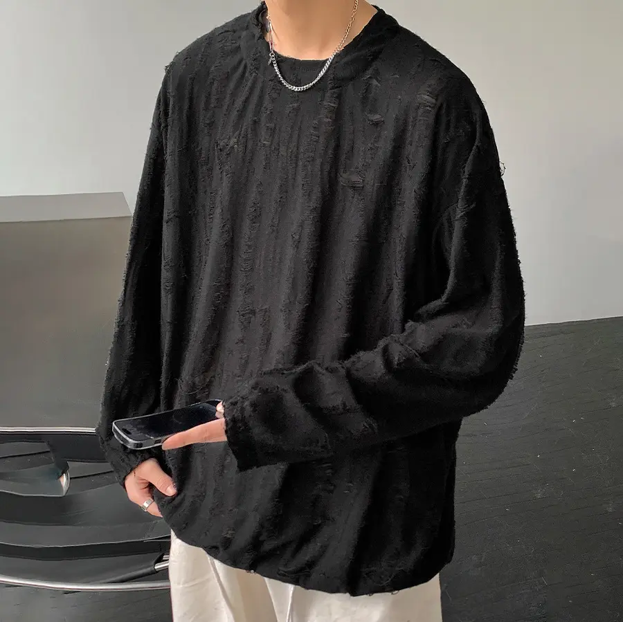 Combo 2 Áo Thun Dài Tay Nam Thiết Kế Rách Kiểu ATINO Fitted L.3.7926 VN Menswear Top Cổ Tròn Đen Bi Tre