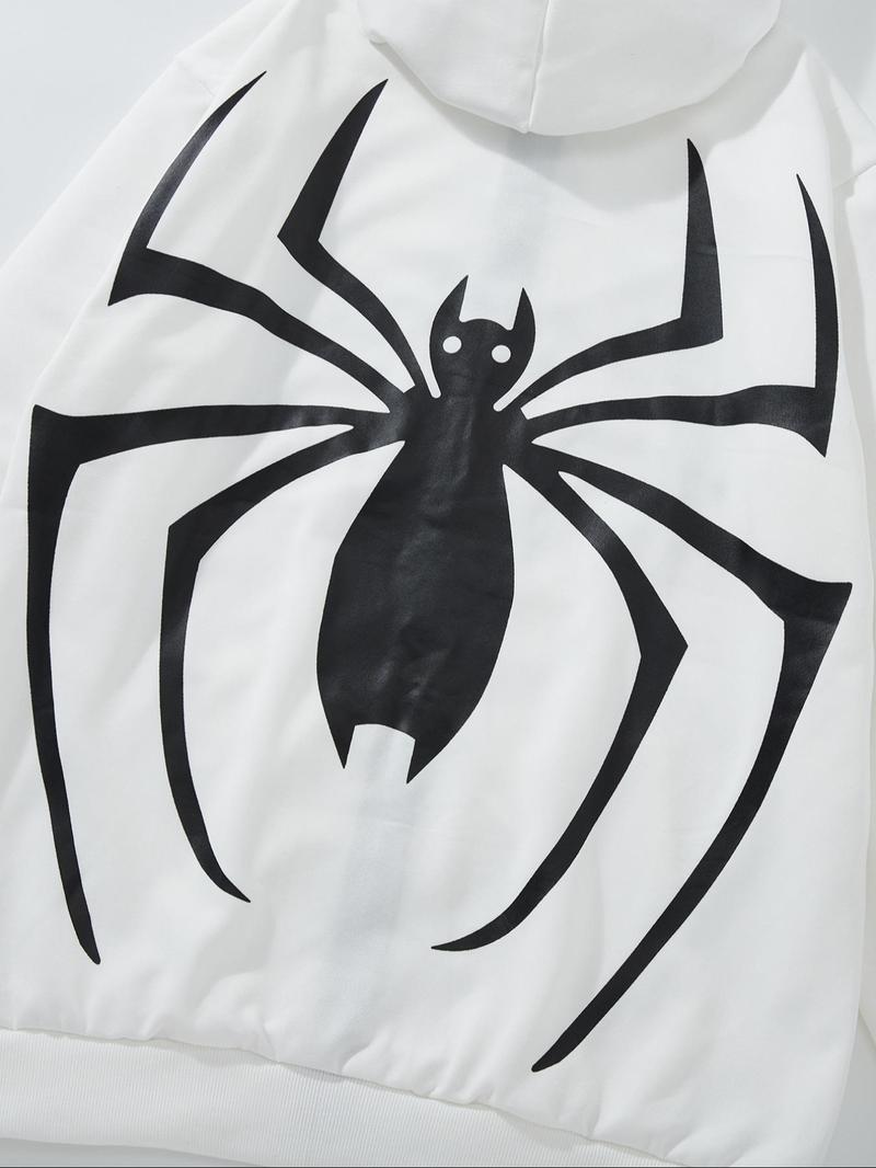 Product Introduction of Men's Cartoon Spider & Letter Print Zip Up Hoodie, Regular Fit Casual Street Long Sleeve Hooded Sweatshirt for Daily Wear, Men's Clothes for All Seasons 13
