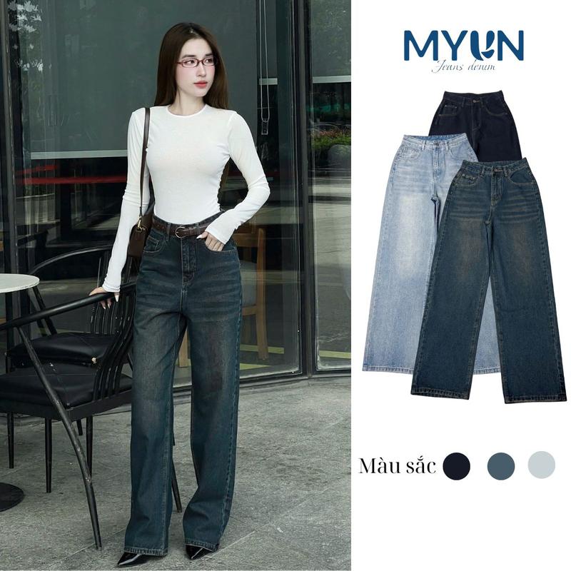 MYUN - Quần Jean suông Nữ ống Rộng cạp cao, quần bò ống rộng, vải cotton Women Pants XK JR0001