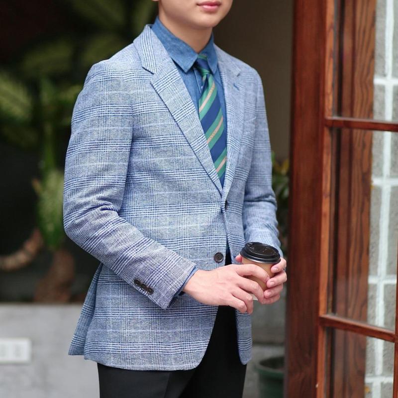 Áo Blazer Nam Màu Xanh Họa Tiết Kẻ Ô Form Regular- Vải Cotton x Spandex - Thiết Kế 2 Lớp Không Cấu Trúc Đệm -  Classic Menswear Jacket