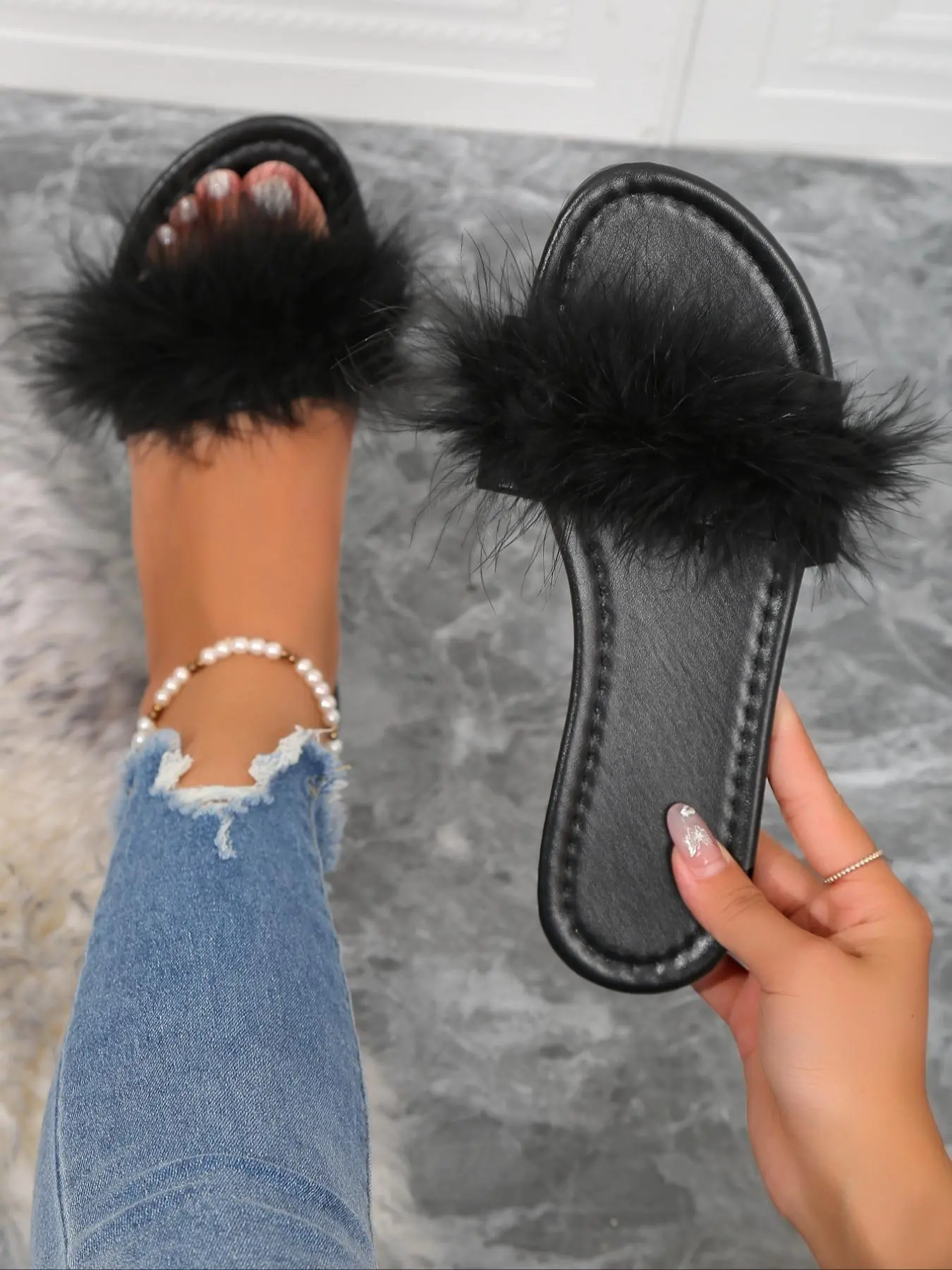 Women's Elegant Minimalist Fluffy Design Slide Slippers, 1 Pair Trendy Non-slip Slippers, Summer 2024 Chic All-match Slippers for Indoor & Outdoor Wear