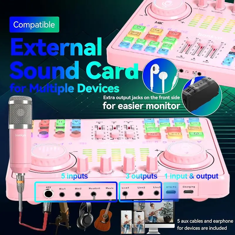 bonkyo DJ20 Soundcard+BM800 Microphone 48V live soundcard set to