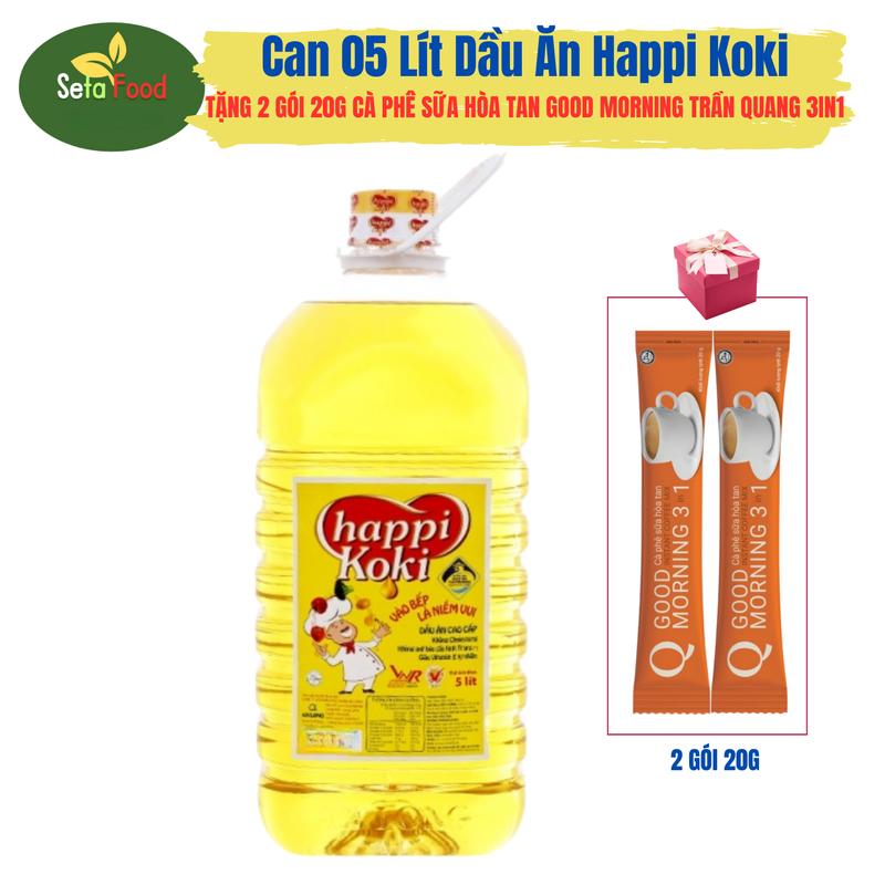 [Combo] Dầu Ăn Cao Cấp Can 5 Lít Happi Koki + 2 Gói 20g Cà phê sữa hòa tan 3 in 1 Good Morning Trần Quang Coffee Cafe