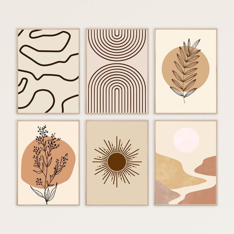 Product Introduction of Boho Abstract Sun & Moon & Plants Pattern Canvas Poster without Frame, 6 Counts/set Wall Art Poster, Wall Decor for Home Living Room Bedroom 0