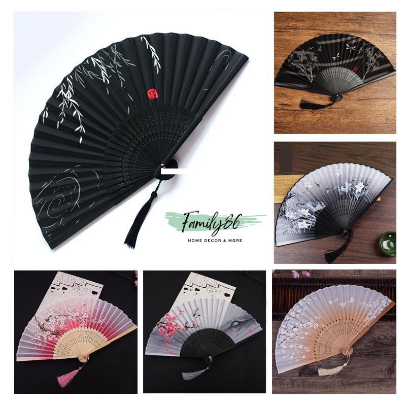 Quạt cầm tay cổ trang, quạt cổ trang Trung Quốc bằng vải giấy gỗ xếp, quạt trang trí xòe múa văn nghệ Decor
