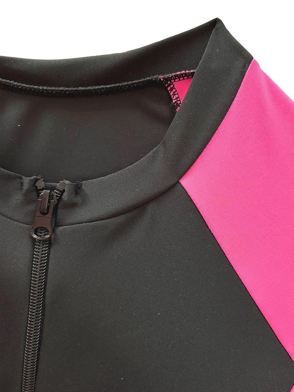 【Plus Size】 Colorblock Zipper Mock Neck Peplum Top & Skinny Pants Swimsuit Set, Sporty Tight FIt Long Sleeve Swim Top & Swim Leggings, Women's Spring & Fall Swimwear, Activewear 3